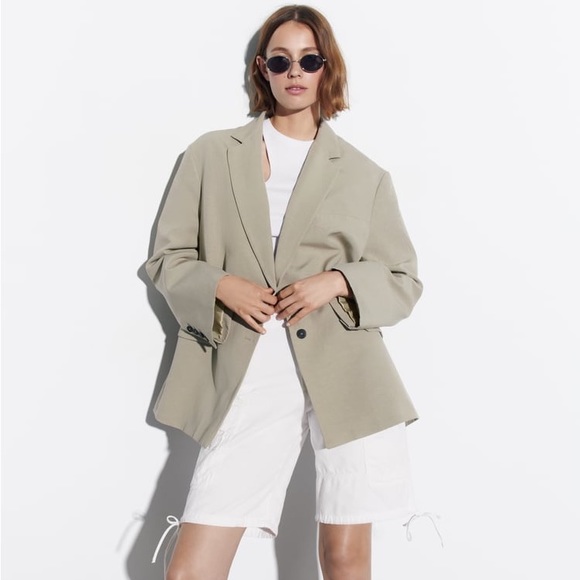 Zara Taupe Gray Oversized Vented Linen Blend Blazer - Picture 13 of 16